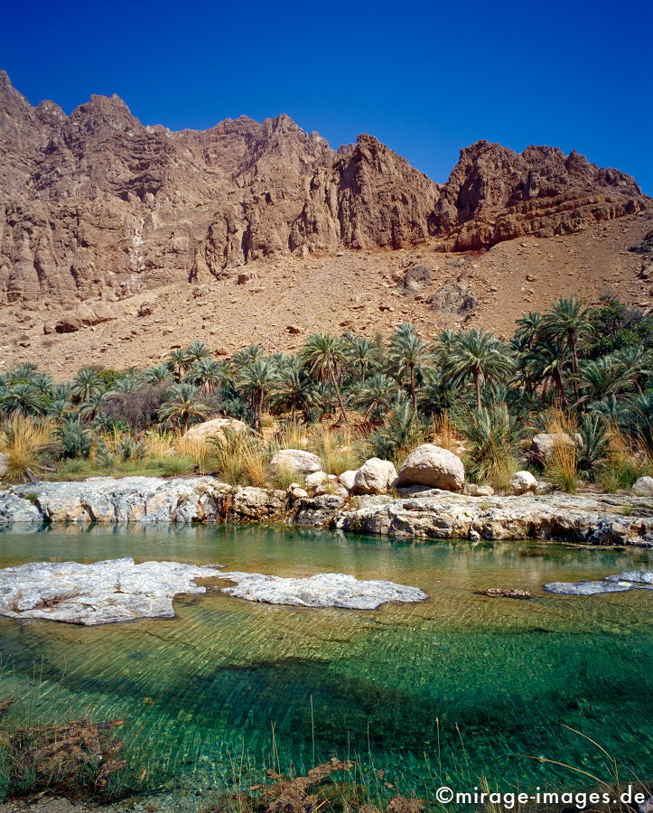 Wadi Tiw
Eastern Hajar
Schlüsselwörter: Oase, Wadi, Flussbett, Wasser, Erfrischung, Palmen, Stein, Schlucht, Fluss, klar, sauber, Berg, Felsen, Einsamkeit, einsam, schroff, ruhig, Gegensatz, sonnig, friedlich, Frieden, Ruhe, Stille, schÃ¶n, SchÃ¶nheit, spektakulÃ¤r, rauh, unberÃ¼hrt, glasklar, 